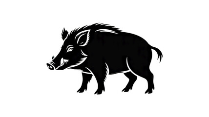 A black and white silhouette illustration of a wild boar in profile view facing left. The boar has a distinctive snout, pointed ears, and a small tufted tail.
