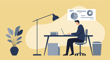 a man seated at a desk, engrossed in work on a laptop, with a plant to his left and a lamp to his right. Suitable for landing page, banner, marketing, web design, presentation, infographic, etc.