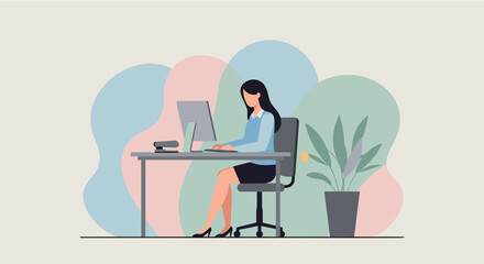 a woman seated at a desk, working on a computer with a stapler and a plant beside her. Suitable for landing page, banner, marketing, web design, presentation, infographic, etc.