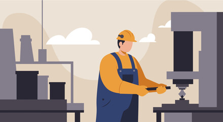 a worker in a factory setting, wearing a hard hat and overalls, operating a machine. Suitable for landing page, banner, marketing, web design, presentation, infographic, etc.