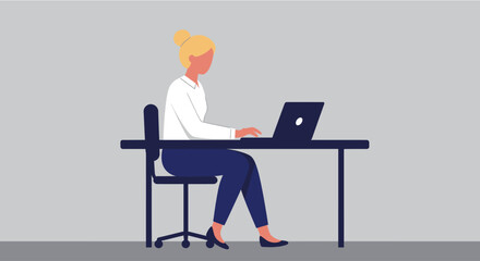 a woman sitting at a desk, working on a laptop computer. Suitable for landing page, banner, marketing, web design, presentation, infographic, etc.