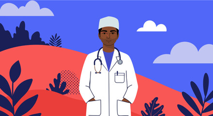 a doctor standing against a backdrop of a hill with clouds and plants. Suitable for landing page, banner, marketing, web design, presentation, infographic, etc.