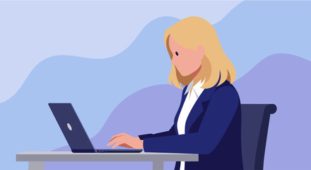 a woman in a business suit sitting at a desk and working on a laptop computer. Suitable for landing page, banner, marketing, web design, presentation, infographic, etc.