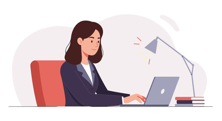 A focused young woman in flat design style is diligently working on her laptop at a desk, representing modern business and digital productivity.