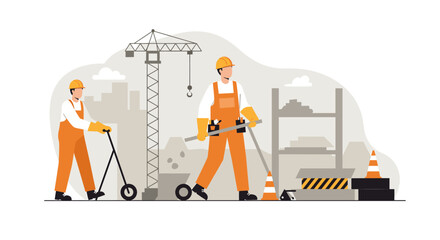 Construction workers using modern tools on a city building site, flat design style illustration perfect for landing pages, banners, marketing materials, and presentations.