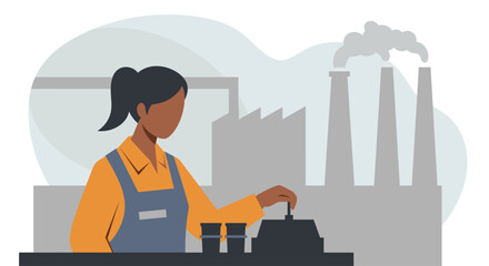A woman operates machinery in a factory setting, with a flat design illustration style suitable for landing pages, banners, and marketing materials, showing industrial automation.