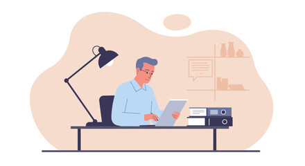 Man working on laptop at desk with desk lamp and office supplies, flat design illustration for web.