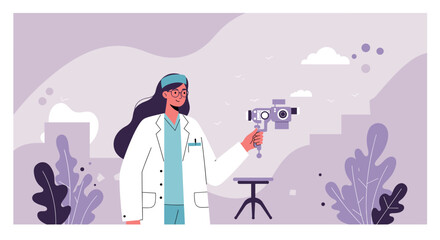 A female ophthalmologist holds a phoropter during an eye exam, illustrated in a flat design style, perfect for websites, banners, and presentations related to healthcare and vision.
