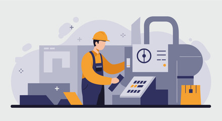 An illustrated flat design depicting a worker in a factory setting, using machinery and equipment to manage production, with a focus on industry and manufacturing.