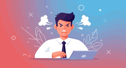 Frustrated businessman with steam coming out of his ears, working on a laptop, showcasing stress and anger in a modern flat design illustration for marketing.