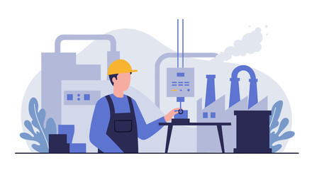 Modern flat design illustration of a factory worker operating machinery in an industrial setting, perfect for web banners.