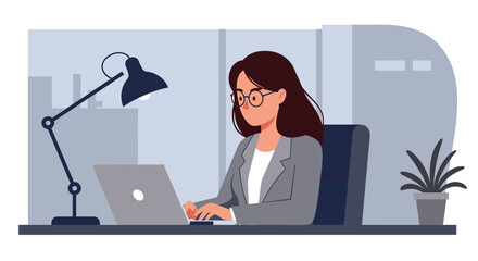 A woman is seated at a desk, focused on her work on a laptop, with a lamp providing light to her workspace. Suitable for landing page, banner, marketing, web design, presentation, infographic, etc.