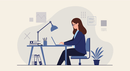 A professional woman in a modern flat design illustration is diligently working on her laptop at a clean office desk.