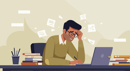 An illustration depicts a stressed man at his desk, surrounded by flying papers, highlighting the pressures of work and the challenges of meeting deadlines in a modern office environment.