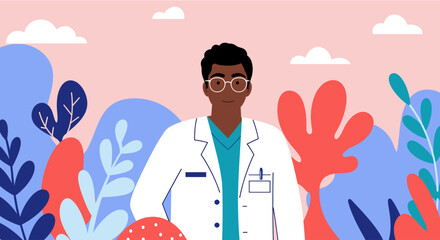 a man wearing a white lab coat, standing in front of a background with stylized plants and clouds. Suitable for landing page, banner, marketing, web design, presentation, infographic, etc.