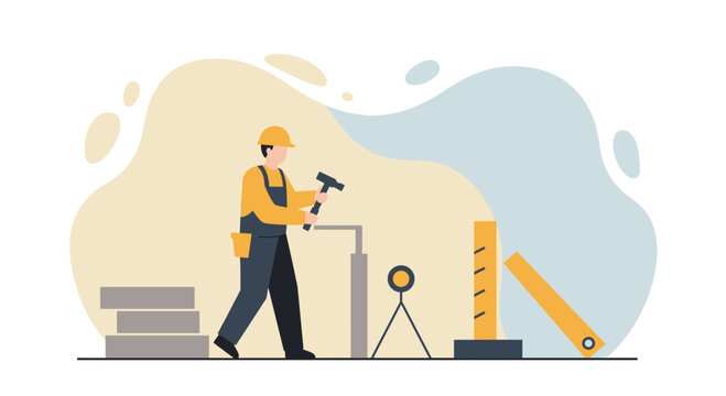 Construction worker with hammer and level on a landing page, flat design illustration for web marketing and presentations.