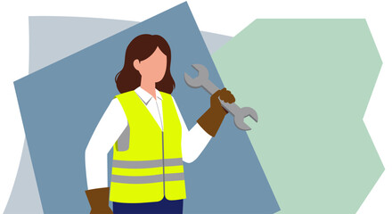 a woman wearing a yellow safety vest and holding a wrench, standing against a geometric background. Suitable for landing page, banner, marketing, web design, presentation, infographic, etc.