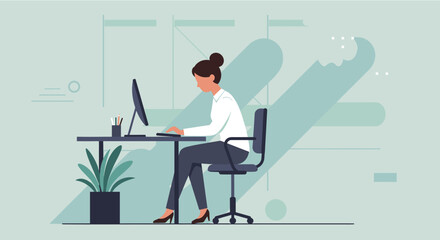 A woman works at her desk on a computer in a modern office, creating a website landing page with a flat design aesthetic for business marketing purposes.