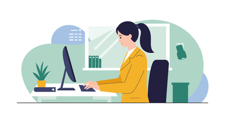 a woman in a yellow jacket working at a desk with a computer, surrounded by office supplies and a plant. Suitable for landing page, banner, marketing, web design, presentation, infographic, etc.