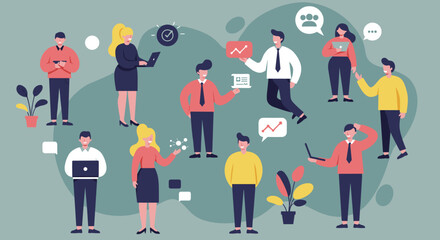 a diverse group of people engaged in various activities, symbolizing a collaborative work environment. Suitable for landing page, banner, marketing, web design, presentation, infographic, etc.
