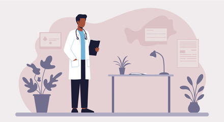 Friendly doctor in a modern office holds a clipboard, ready to assist patients with their health concerns.  The illustration uses a flat design style, perfect for websites, presentations, and