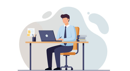 A man is seated at a desk, working on a laptop with a stack of books beside him. Suitable for landing page, banner, marketing, web design, presentation, infographic, etc.