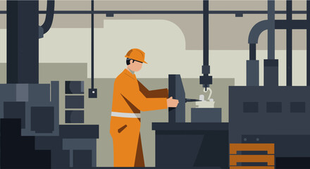 Skilled worker in orange uniform operates machinery in a modern factory setting, showcasing industrial production and manufacturing processes.