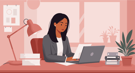 A professional woman in a modern flat design illustration is diligently working on her laptop at an office desk, surrounded by documents and plants.