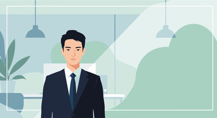 a man in a suit standing in an office setting with a plant and hanging lights in the background. Suitable for landing page, banner, marketing, web design, presentation, infographic, etc.