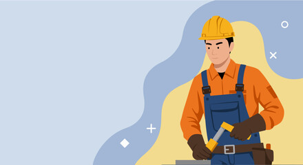 A construction worker, wearing a yellow helmet and orange overalls, uses a hammer on a metal beam, set against a modern, flat design background for marketing or web design purposes.