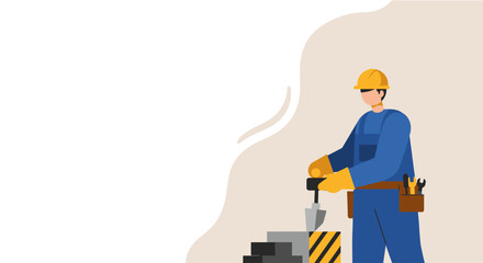 A construction worker in a hard hat carefully laying bricks, showcasing a modern flat design suitable for a website landing page and marketing materials.