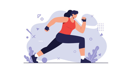 a woman in a red tank top and black shorts running, with a focused expression and a determined posture. Suitable for landing page, banner, marketing, web design, presentation, infographic, etc.