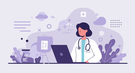 a doctor in a white coat, seated at a desk with a laptop, surrounded by medical equipment and plants. Suitable for landing page, banner, marketing, web design, presentation, infographic, etc.