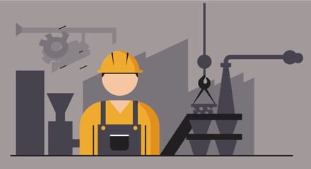 a construction worker wearing a hard hat and overalls, standing in front of industrial equipment. Suitable for landing page, banner, marketing, web design, presentation, infographic, etc.