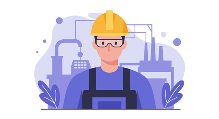 An illustrated flat design of a factory worker in a yellow hard hat and safety glasses, standing in front of a manufacturing plant, ideal for industrial and engineering presentations.