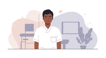 a smiling man in a white medical uniform standing in front of a medical setting with a chair and a plant. Suitable for landing page, banner, marketing, web design, presentation, infographic, etc.