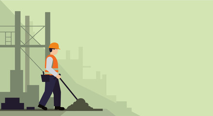 a construction worker in an orange safety vest and hard hat, actively engaged in work at a construction site. Suitable for landing page, banner, marketing, web design, presentation, infographic, etc.