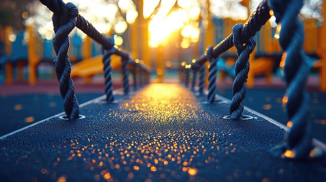 Close-up view of a playground climbing structure at sunrise. - Powered by Adobe