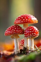 Obraz premium A closeup of four fly agaric mushrooms with red caps dotted with white warts standing on a forest floor