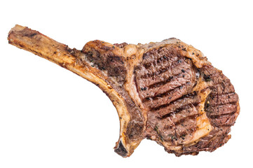 Grilled Tomahawk beef steak, cooked rib eye with bone isolated on white background. top view