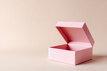 A pink rectangular gift box with its lid open sits on a beige surface