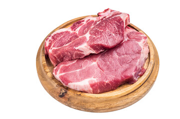 Raw pork tender neck steak, fresh meat isolated on white background. top view