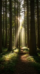Fototapeta premium Sunbeams Through Forest Trees