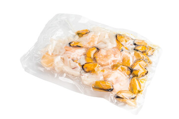 Frozen Raw Seafood Cocktail with Mussels, Clams, Prawns, Shrimps and squid isolated on white...