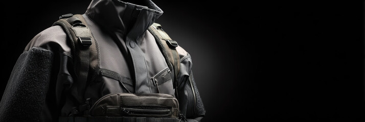 Folded tactical jacket with chest-rig overlay, dual-tone fabric, neoprene, and ballistic nylon illuminated - fashion banner