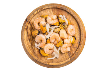 Frozen Raw Seafood Cocktail with Mussels, Clams, Prawns, Shrimps and squid isolated on white background. top view