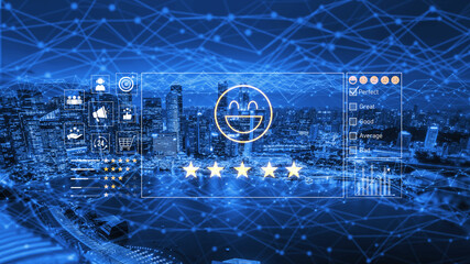 Customer feedback and satisfaction rating system showing star review, happy face, performance...