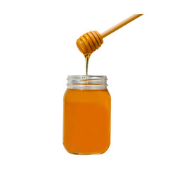 Honey Dripping from Wooden Dipper into Glass Jar – Isolated Transparent PNG