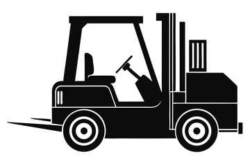 Silhouette Image Industrial Forklift Truck With Seat, Steering Wheel, and Lifting Forks