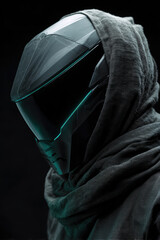 Cinematic side portrait of techwear helmet and scarf combo, sharp angles and deep shadows across face